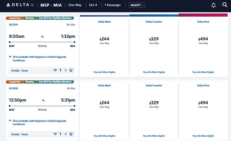 Delta MSP MIA one way fare for 1 passenger