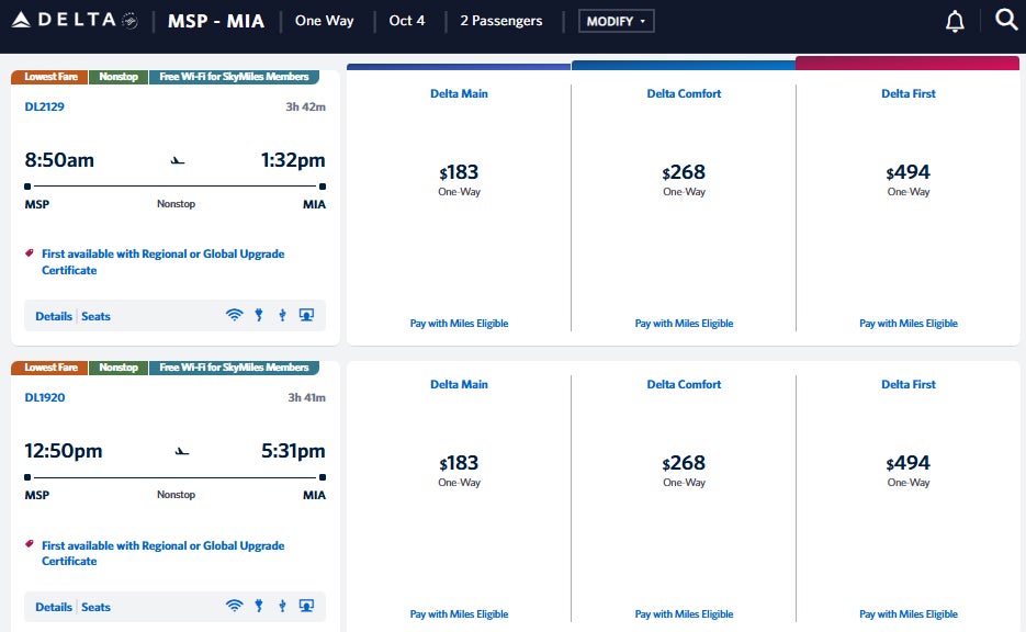 Delta MSP MIA one way fare for 2 passengers