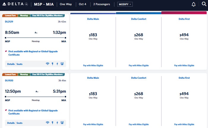 Delta MSP MIA one way fare for 2 passengers Delta MSP MIA one way fare for 2 passengers