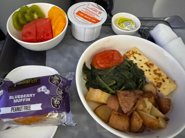 Delta One B757 200 LAX BOS breakfast meal Delta One B757 200 LAX BOS breakfast meal