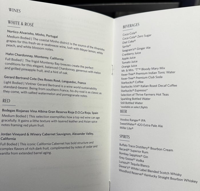Delta One B757 200 LAX BOS drink menu Delta One B757 200 LAX BOS drink menu