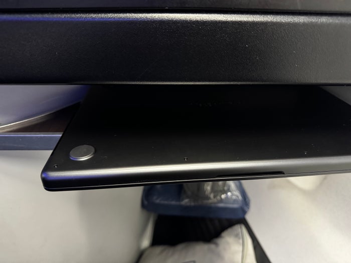 Delta One B757 200 LAX BOS laptop under screen Delta One B757 200 LAX BOS laptop under screen