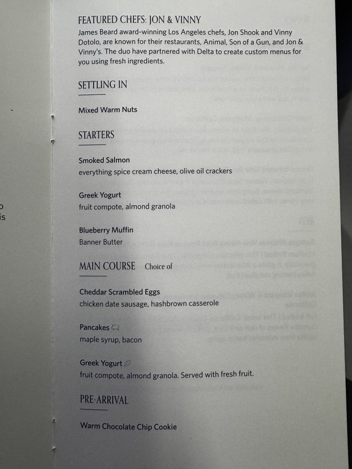 Delta One B757 200 LAX BOS menu options Delta One B757 200 LAX BOS menu options