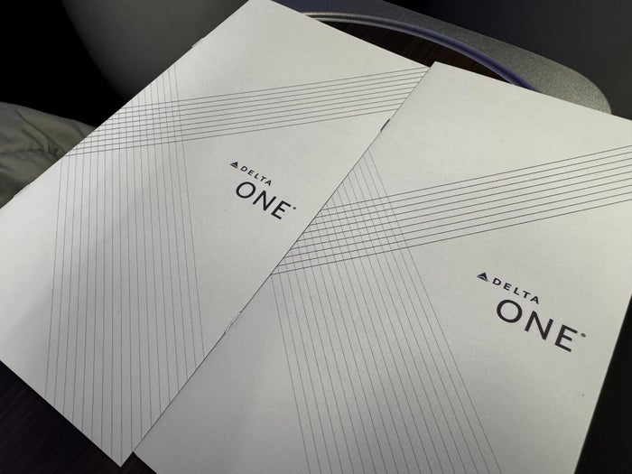 Delta One B757 200 LAX BOS menus at seats Delta One B757 200 LAX BOS menus at seats