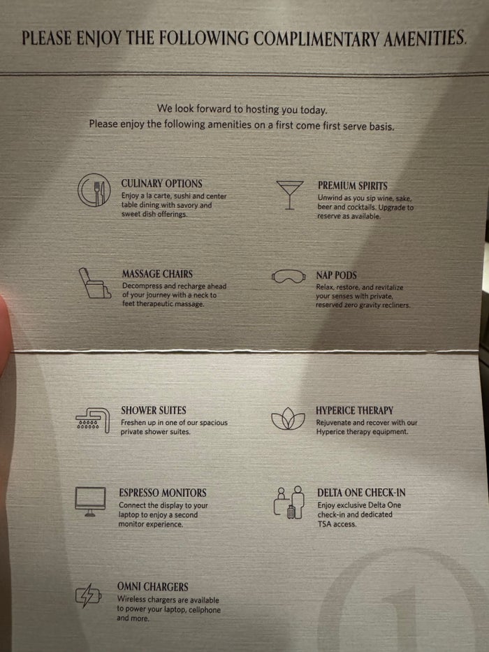 Delta One Lounge LAX amenities card Delta One Lounge LAX amenities card