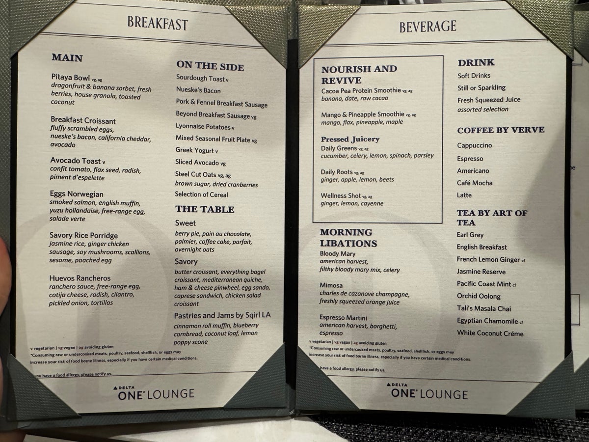 Delta One Lounge LAX breakfast menu