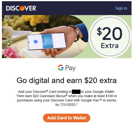 Discover 20 Google Wallet offer