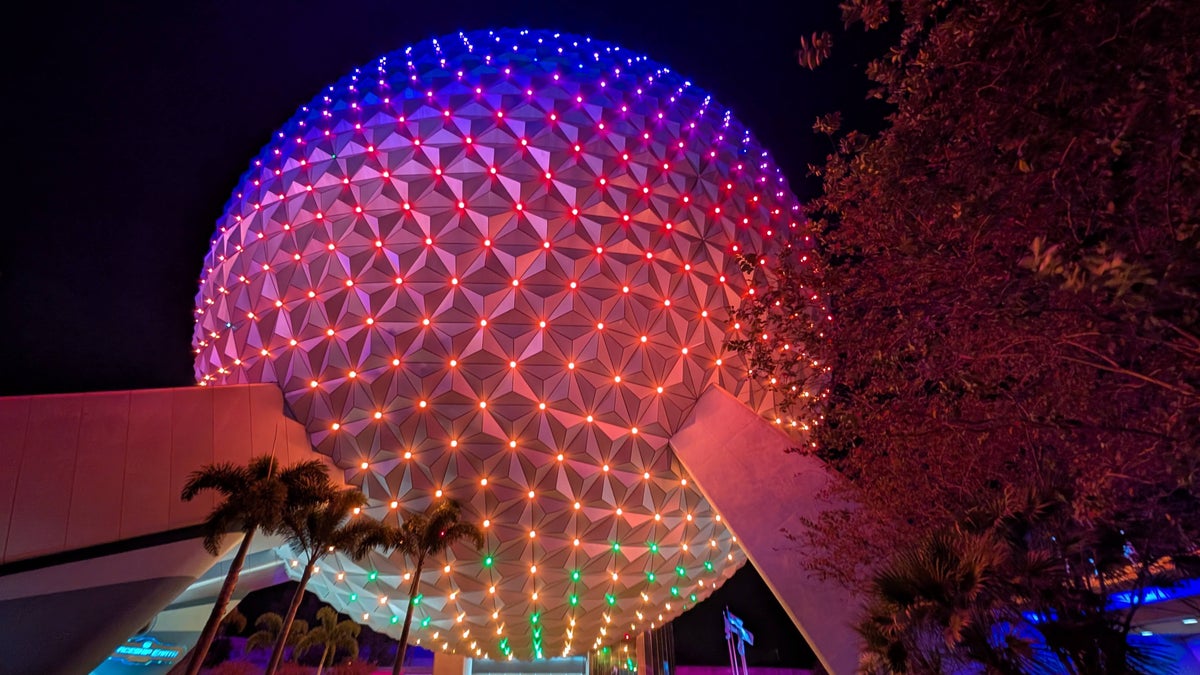 Disney World Epcot Spaceship Earth ball at night
