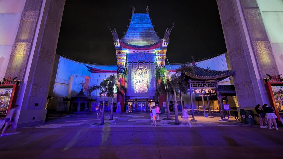 Disney World Hollywood Studios Mickey and Minnies Runaway Railway entrance wide night