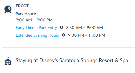 Disney World hotel reservation with park hours