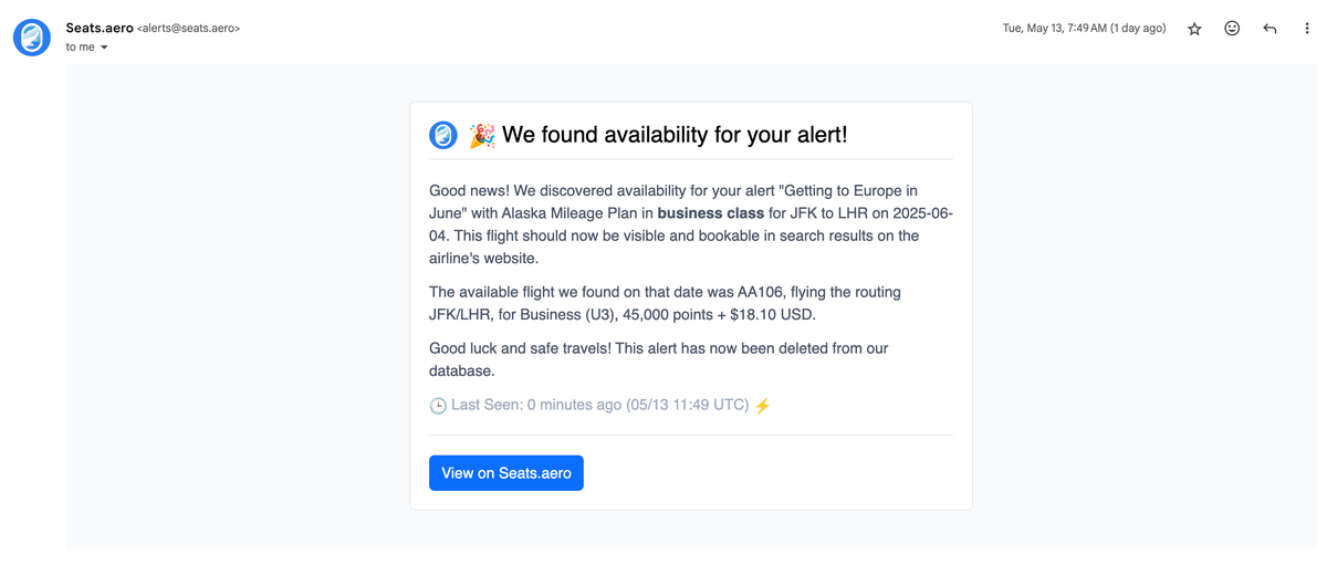 Email alert from seats.aero