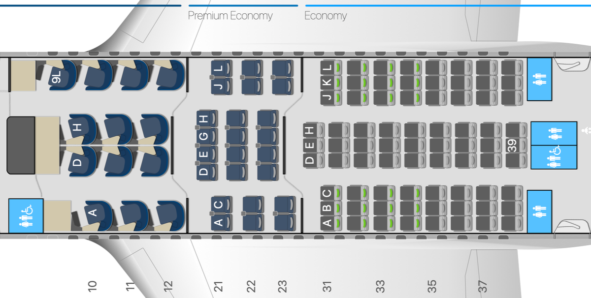 Finnair A350 seat map with premium economy and lavatories