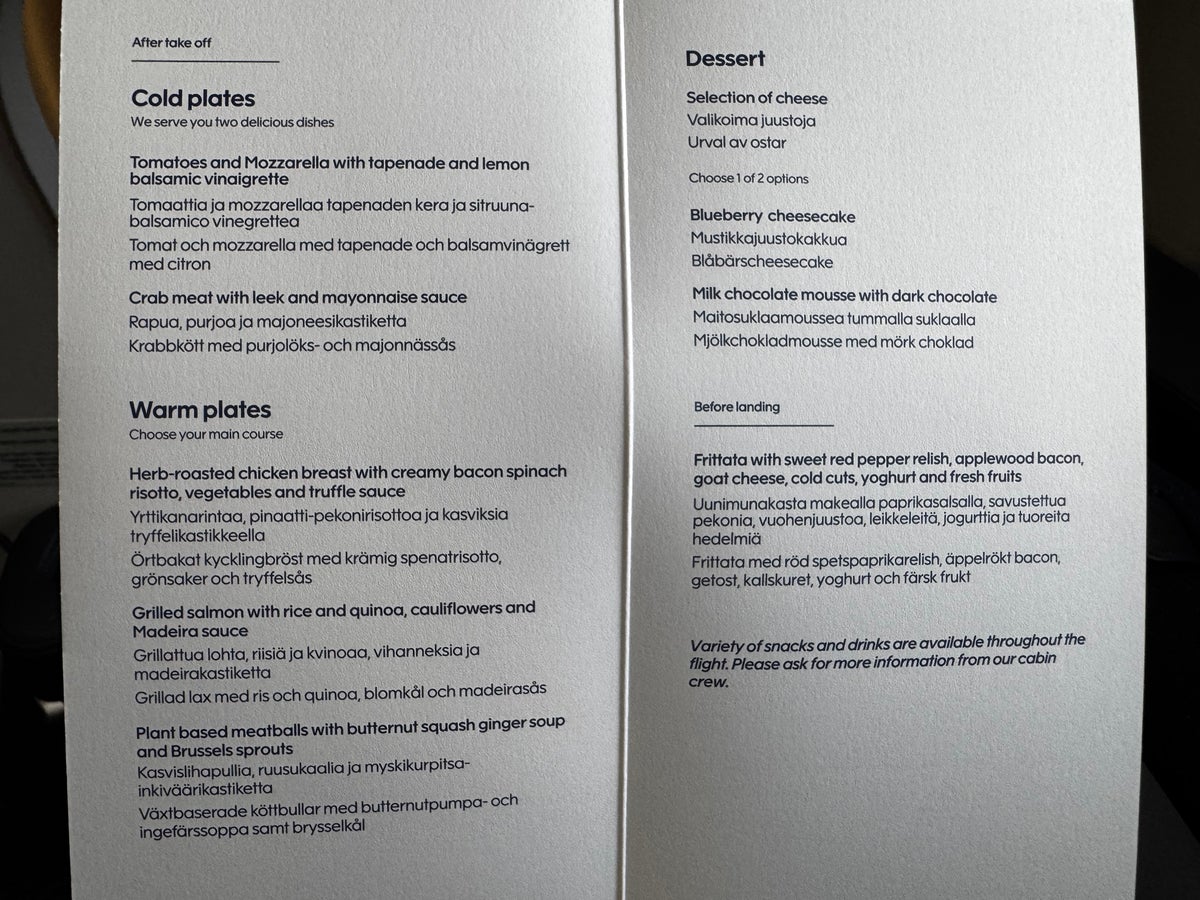 Finnair A350XWB business class menu