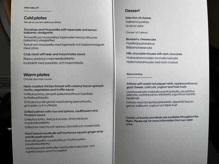 Finnair A350XWB business class menu