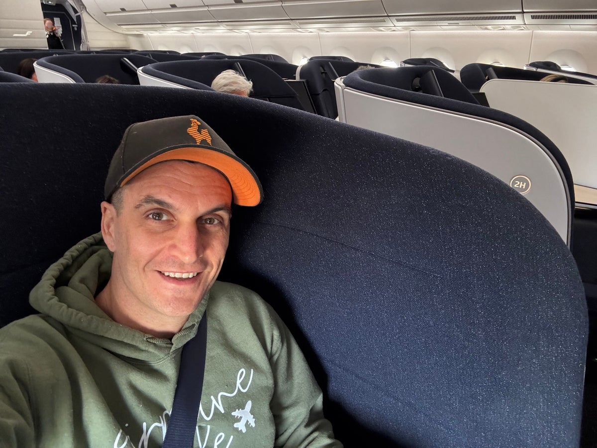 Finnair A350XWB business class selfie blurred