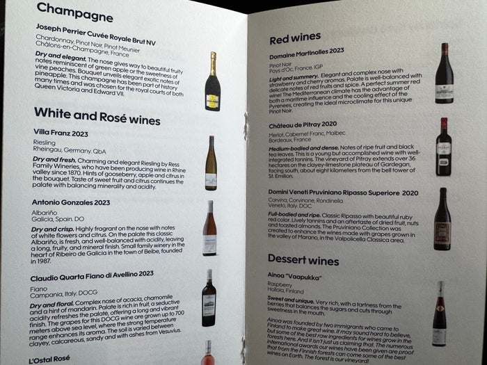 Finnair A350XWB business class wines
