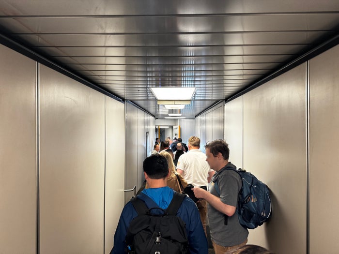 Finnair A350XWB in jet bridge at LAX blurred