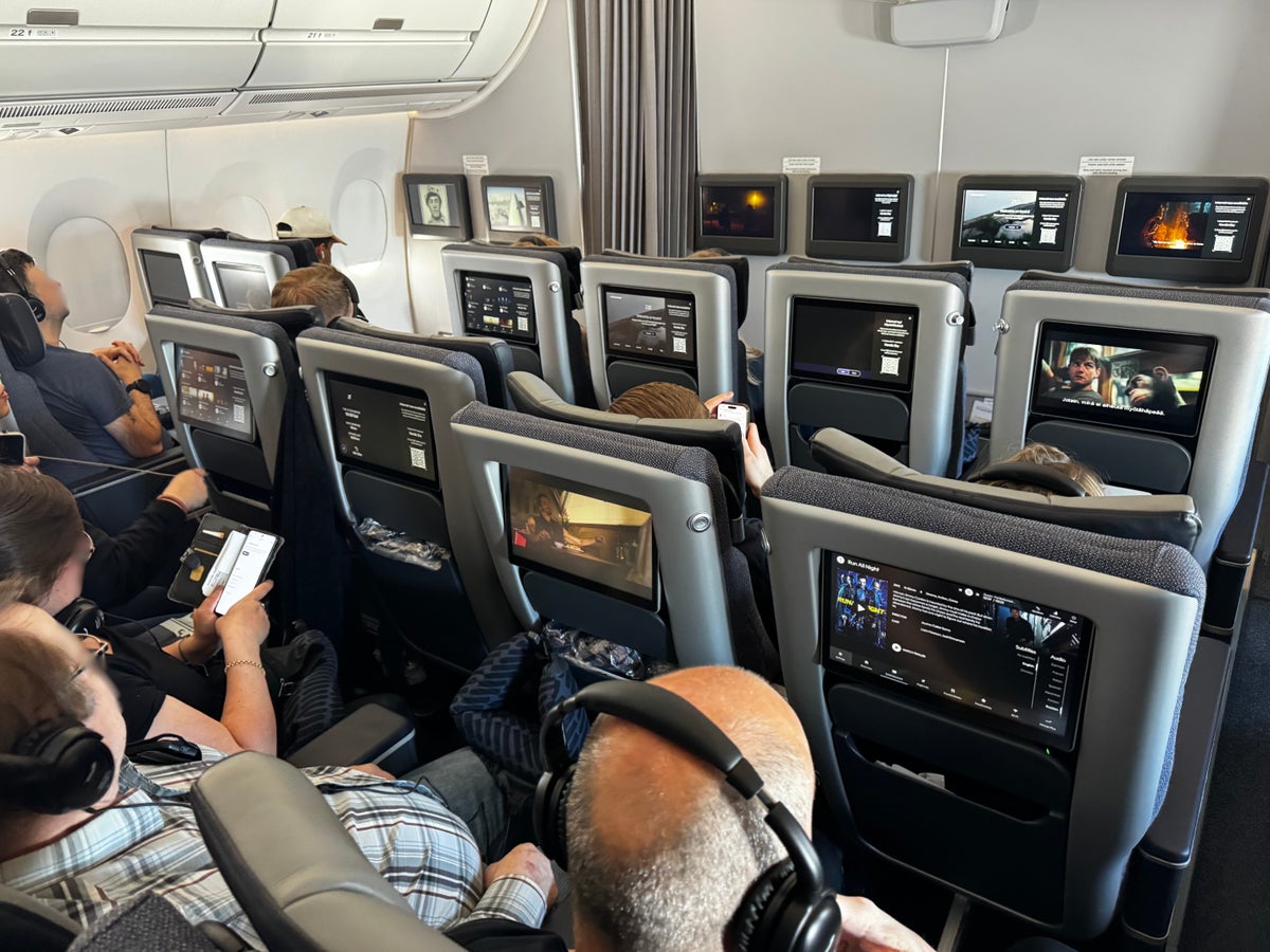 Finnair A350XWB premium economy cabin passengers blurred
