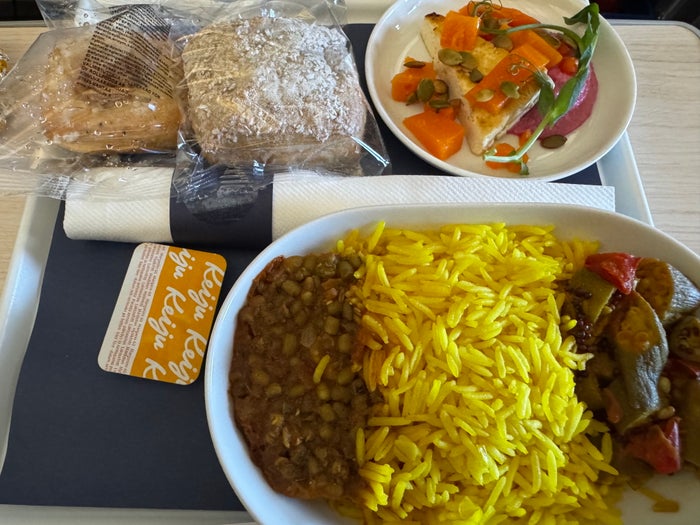 Finnair A350XWB premium economy vegan meal closeup Finnair A350XWB premium economy vegan meal closeup