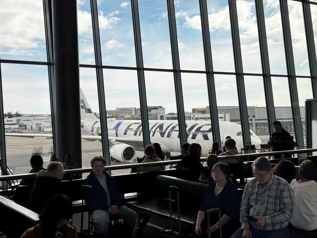 Finnair A350XWB premium economy waiting area closeup blurred
