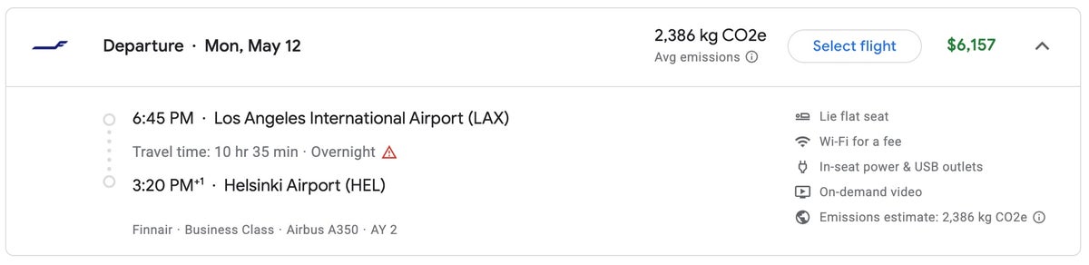 Finnair business class price LAX-HEL