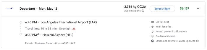 Finnair business class price LAX-HEL