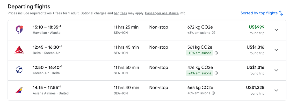Flight comparison from Seattle to Seoul