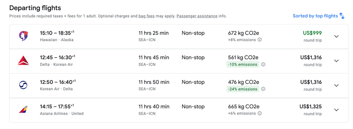 Flight comparison from Seattle to Seoul