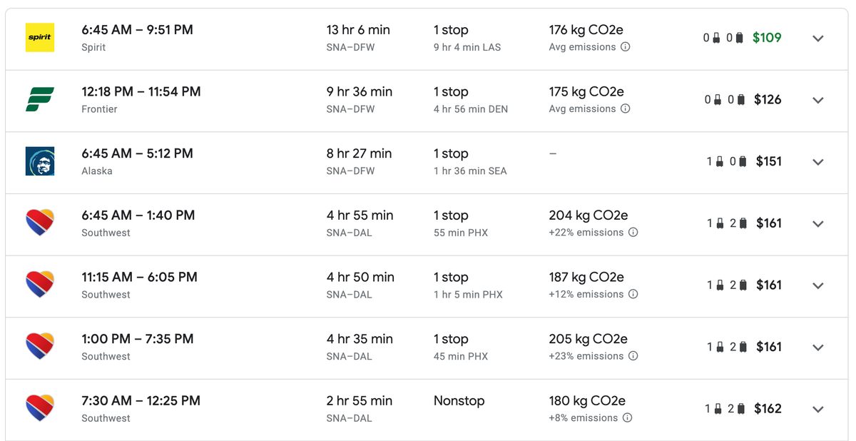 Flight costs SNA to DAL DFW