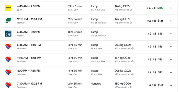 Flight costs SNA to DAL DFW
