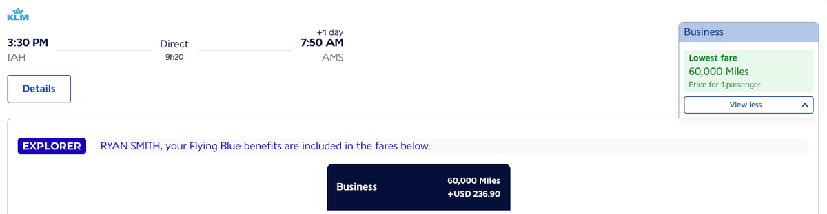 Flying Blue redemption IAH AMS 60k miles in business