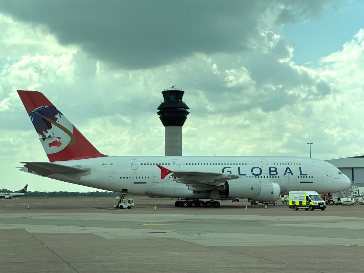 Global Airlines Airbus A380 at Manchester Airport UK
