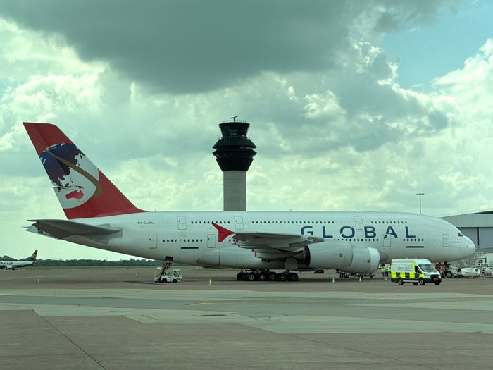 Global Airlines Airbus A380 at Manchester Airport UK