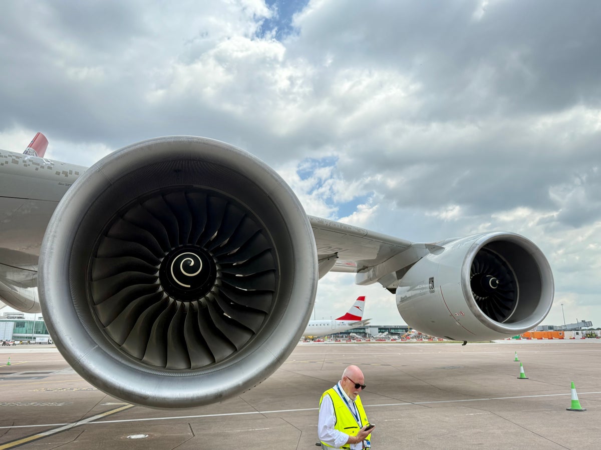 Global Airlines Airbus A380 engines at Manchester Airport UK