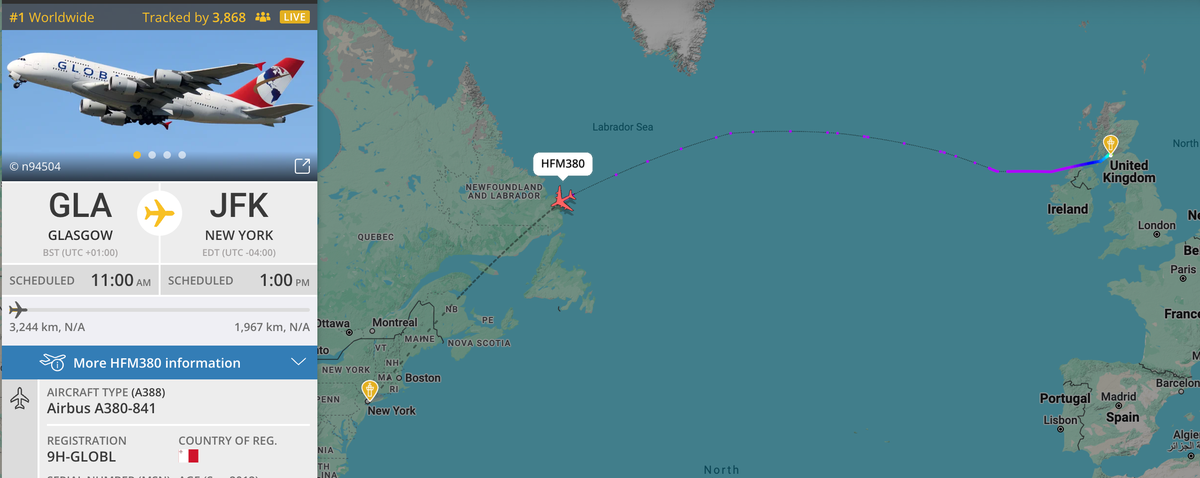 Global Airlines flight from Glasgow to New York JFK