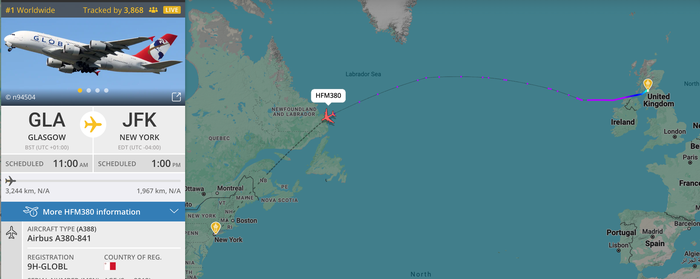 Global Airlines flight from Glasgow to New York JFK
