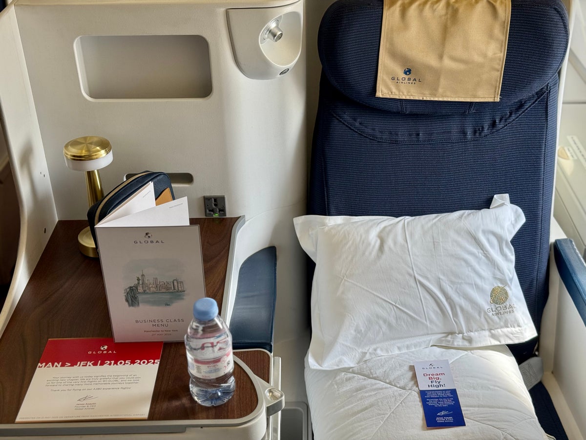 Global Airlines seat amenities close up