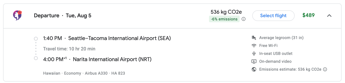 Google Flights SEA NRT cash cost economy