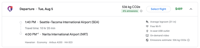 Google Flights SEA NRT cash cost economy