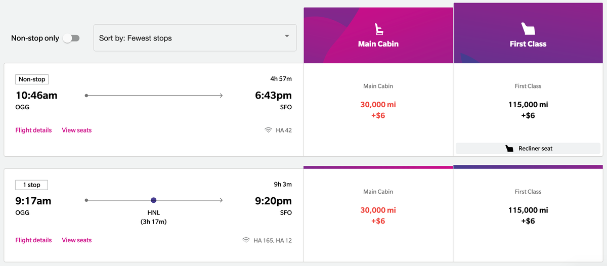 HawaiianMiles award rate OGG SFO