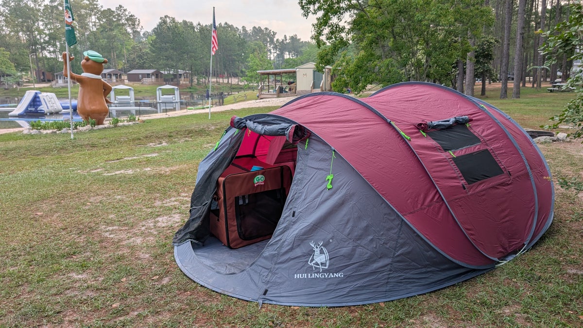 Instant 6 person pop up tent camping at Jellystone Park in Elberta Alabama