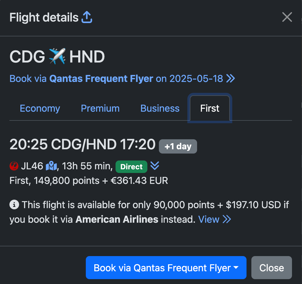JAL pricing Qantas vs AAdvantage seats.aero