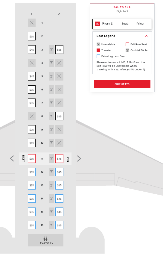JSX DAL SNA seat map cost