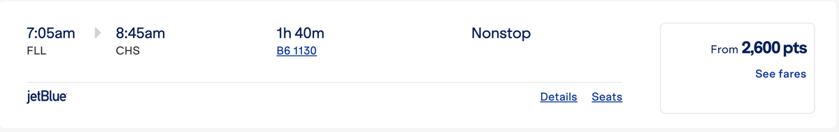 JetBlue FLL CHS Points Redemption