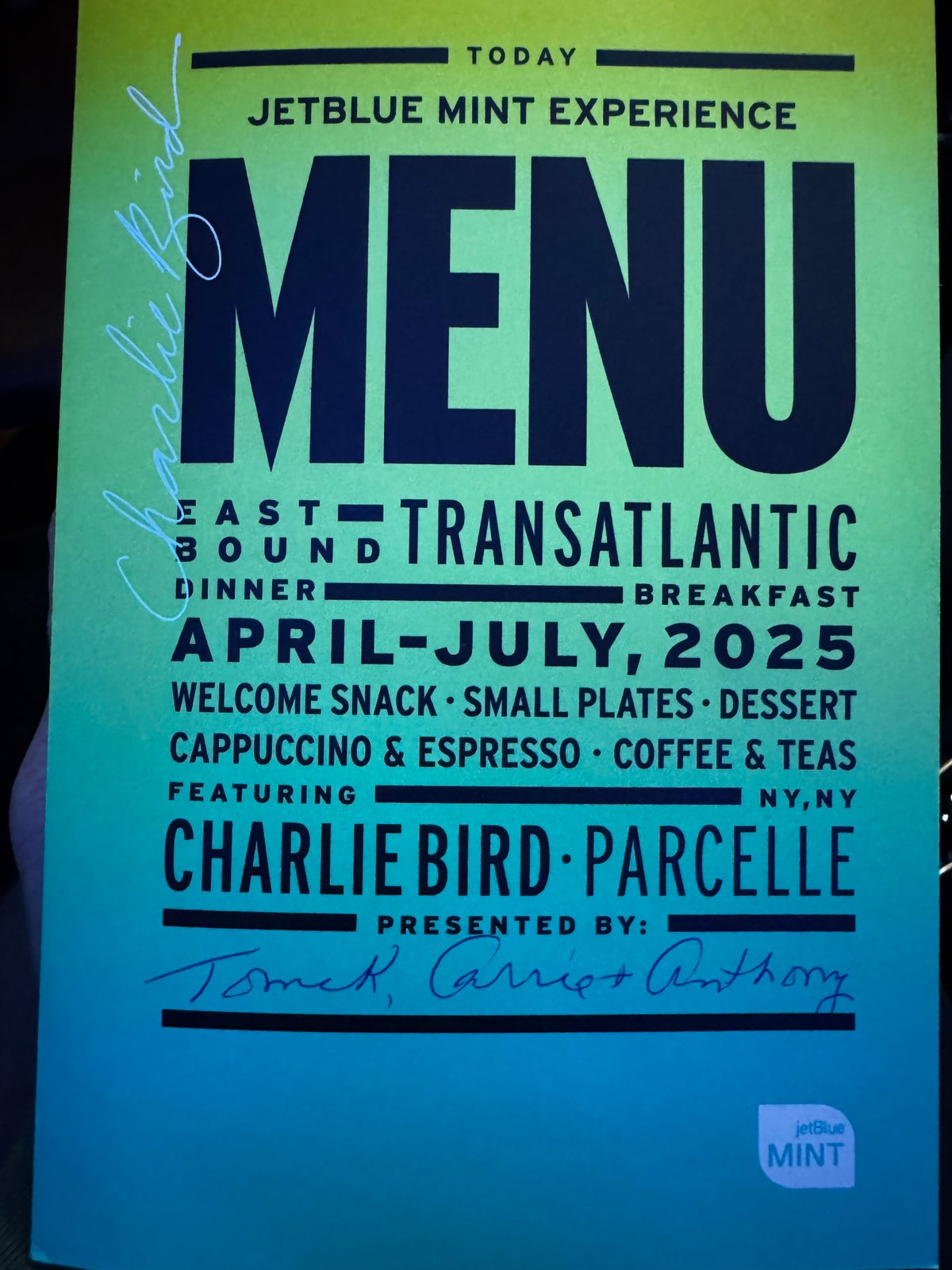 JetBlue Mint A321XLR BOS MAD menu front