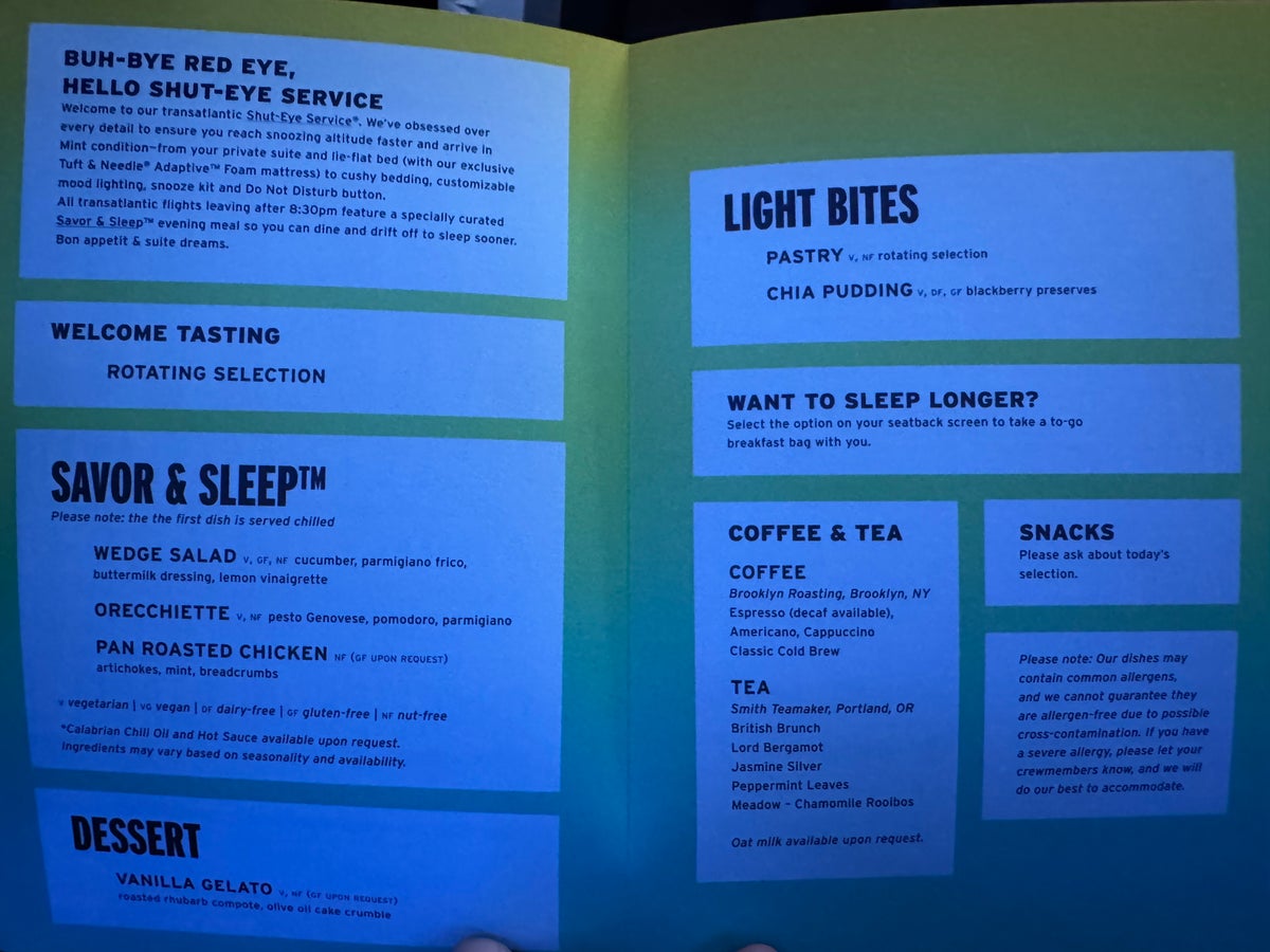 JetBlue Mint A321XLR BOS MAD menu