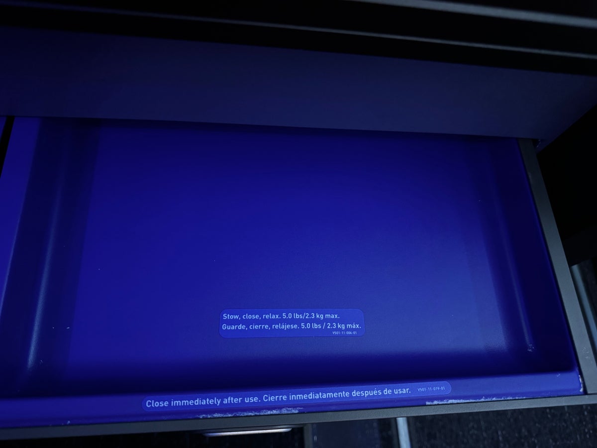 JetBlue Mint A321XLR BOS MAD storage drawer