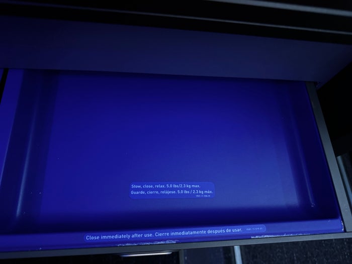 JetBlue Mint A321XLR BOS MAD storage drawer