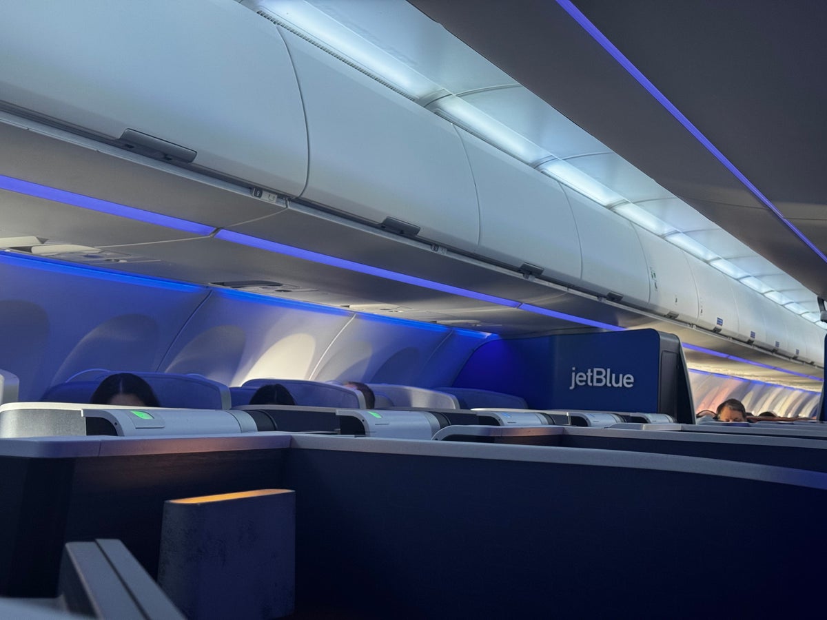 JetBlue Mint A321XLR BOS MAD view from seat to rear