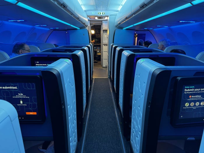 JetBlue Mint A321XLR BOS MAD view up aisle before takeoff